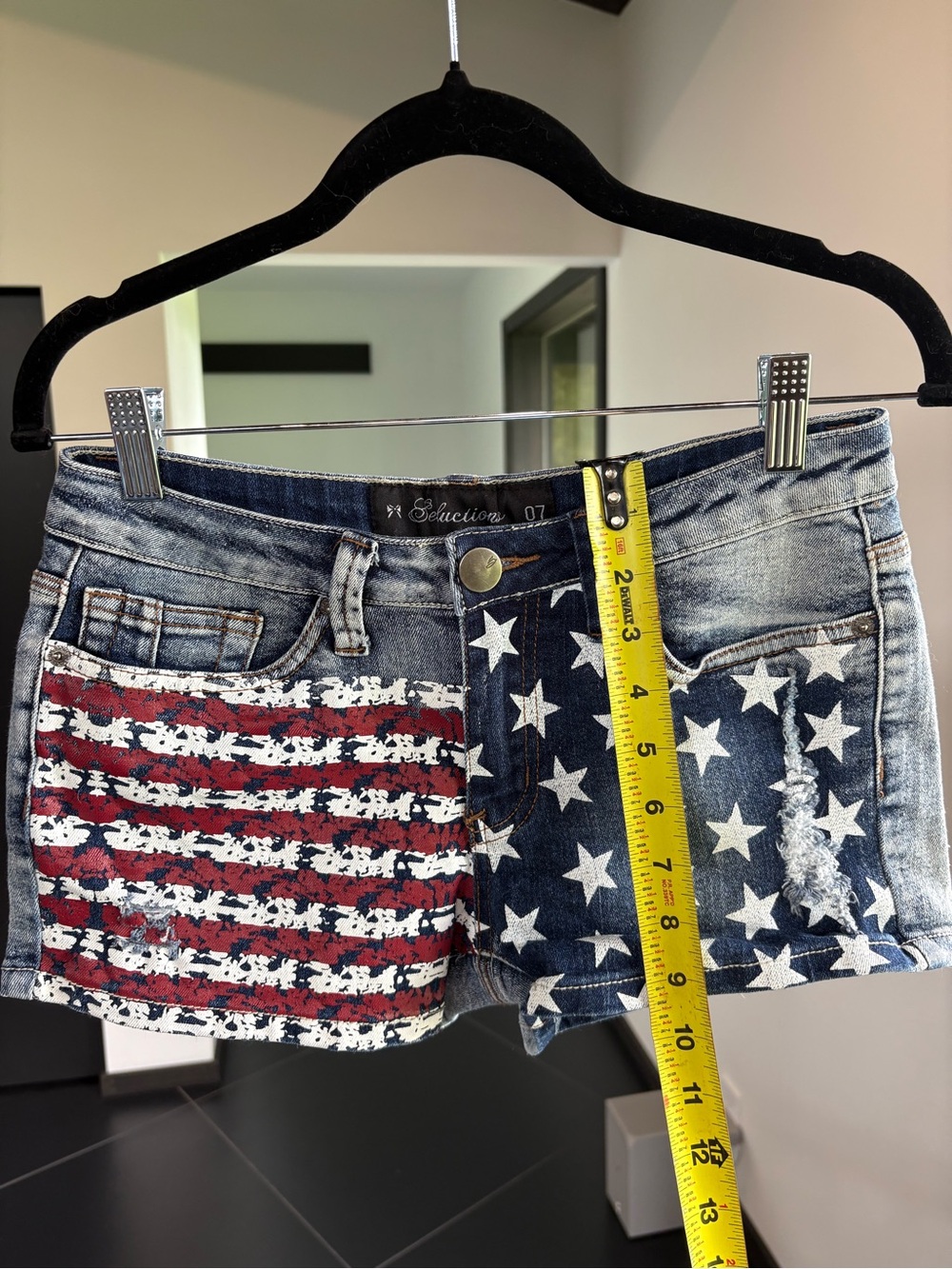Distressed Flag Print Denim Shorts - Red, Blue & White - Picture 5 of 5